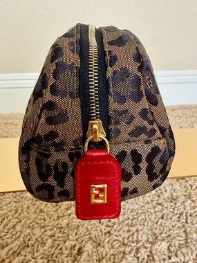 Authentic Fendi Leopard Print Cosmetic Pouch in Tan and Black,
